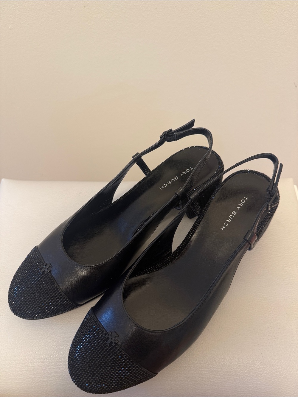 Tory Burch Black Beaded Cap-Toe Slingback Flats